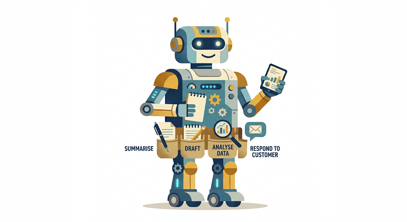 An editorial illustration showing a stylised robot assistant with a toolbelt, each tool labelled with a different business task such as 'summarise', 'draft', 'analyse data', and 'respond to customer'. Flat design, muted blue and amber colour palette, white background, no photorealism.